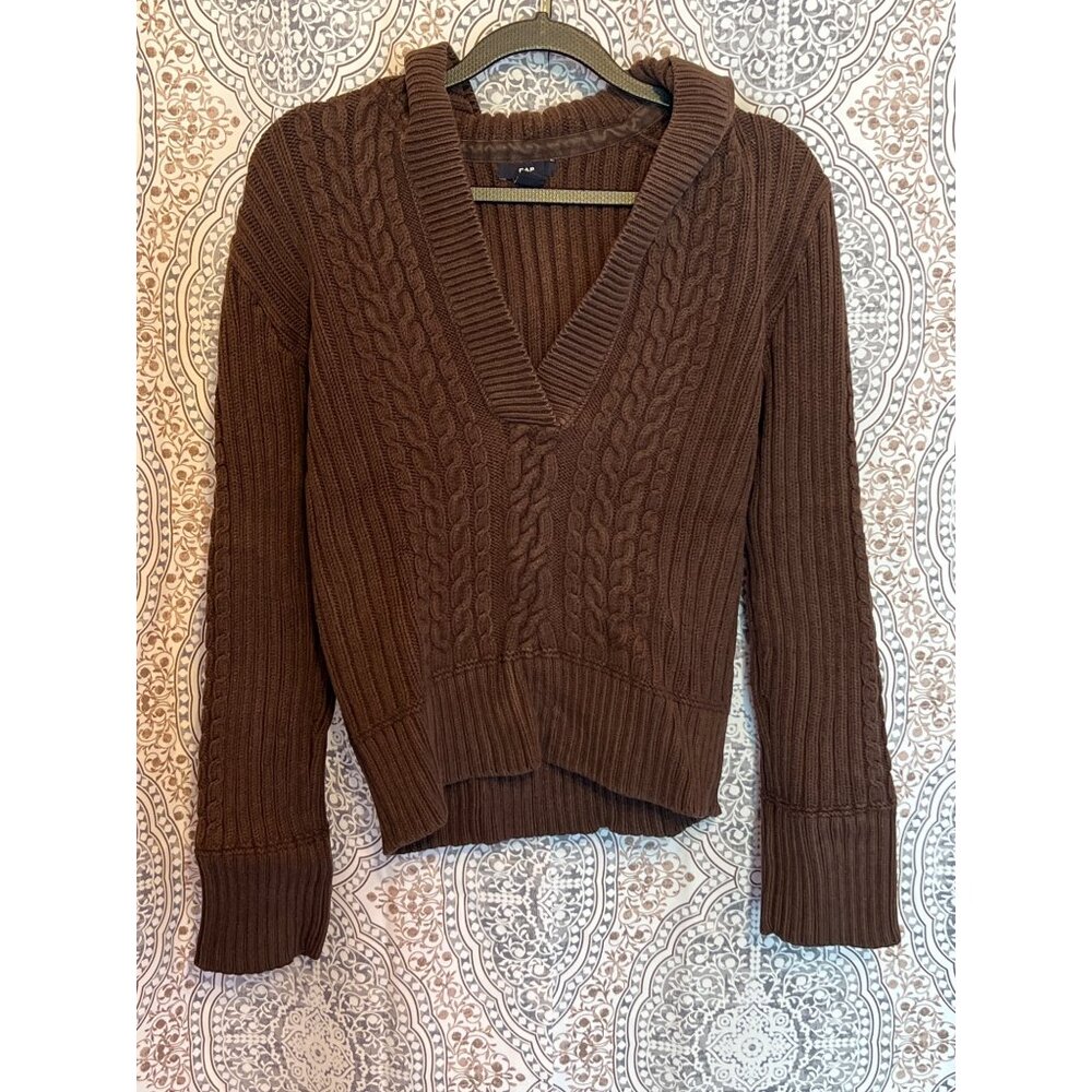 Gap Brown Cable Knit Hooded Sweater With V-Neckline Womens Medium